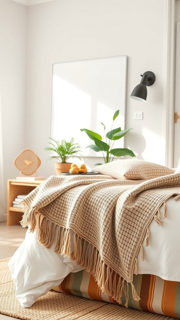 A cozy bedroom featuring a textured throw blanket on a bed, with plants and warm decor elements.
