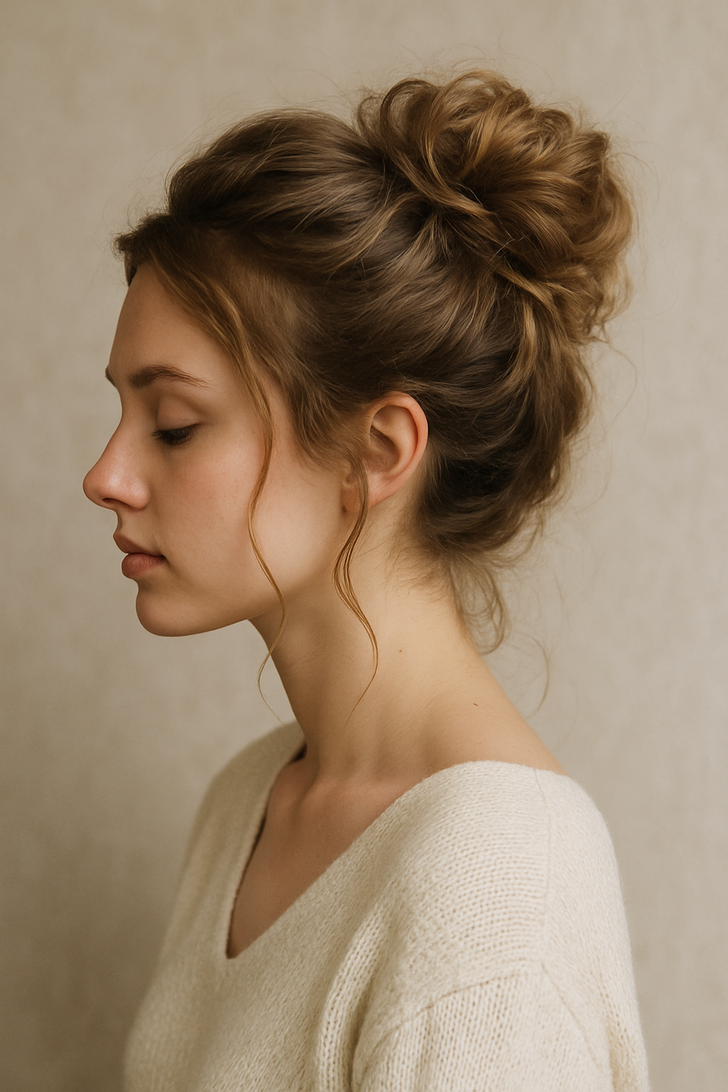 A young girl with a chic top knot hairstyle, featuring soft curls and tendrils framing her face.