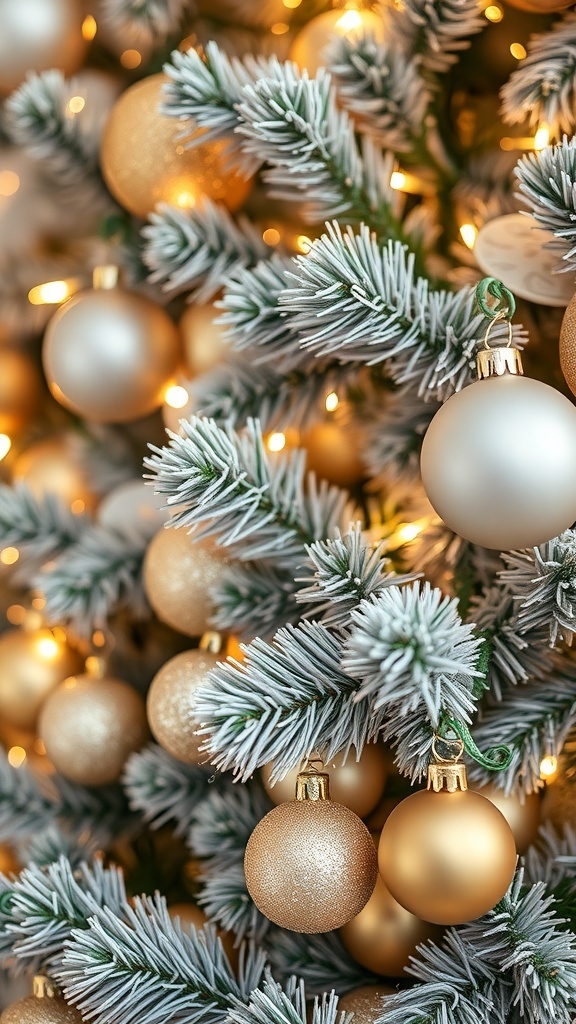 Close-up of a Christmas tree with gold and silver ornaments