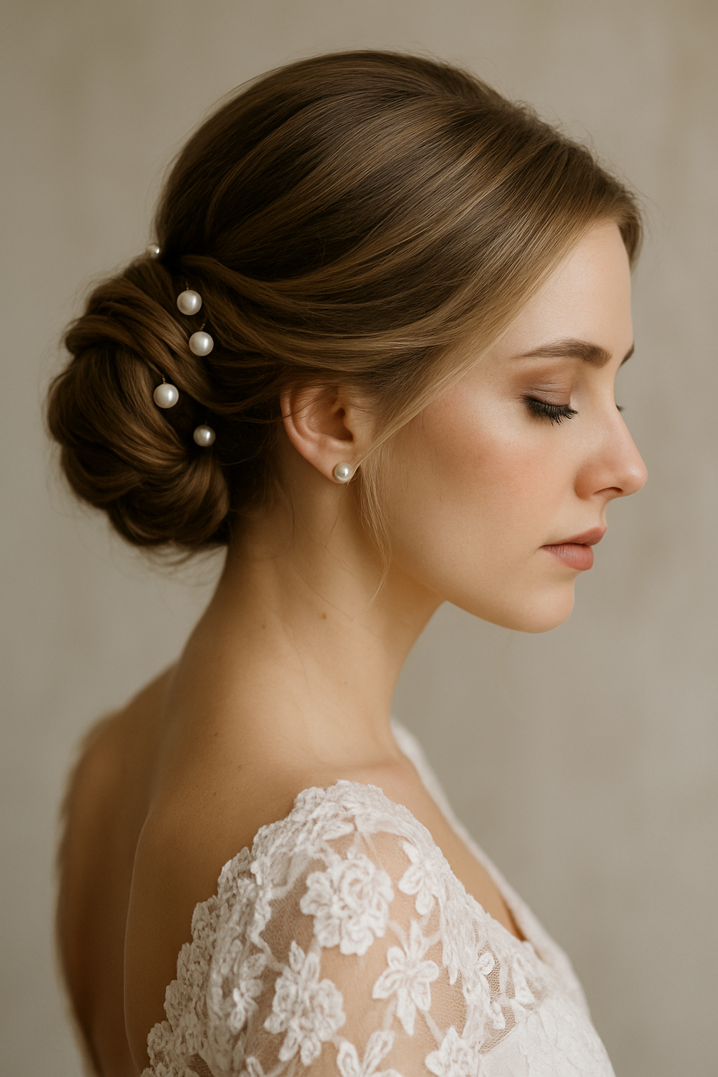 A side profile of a bride with a chic twisted chignon hairstyle adorned with pearls.