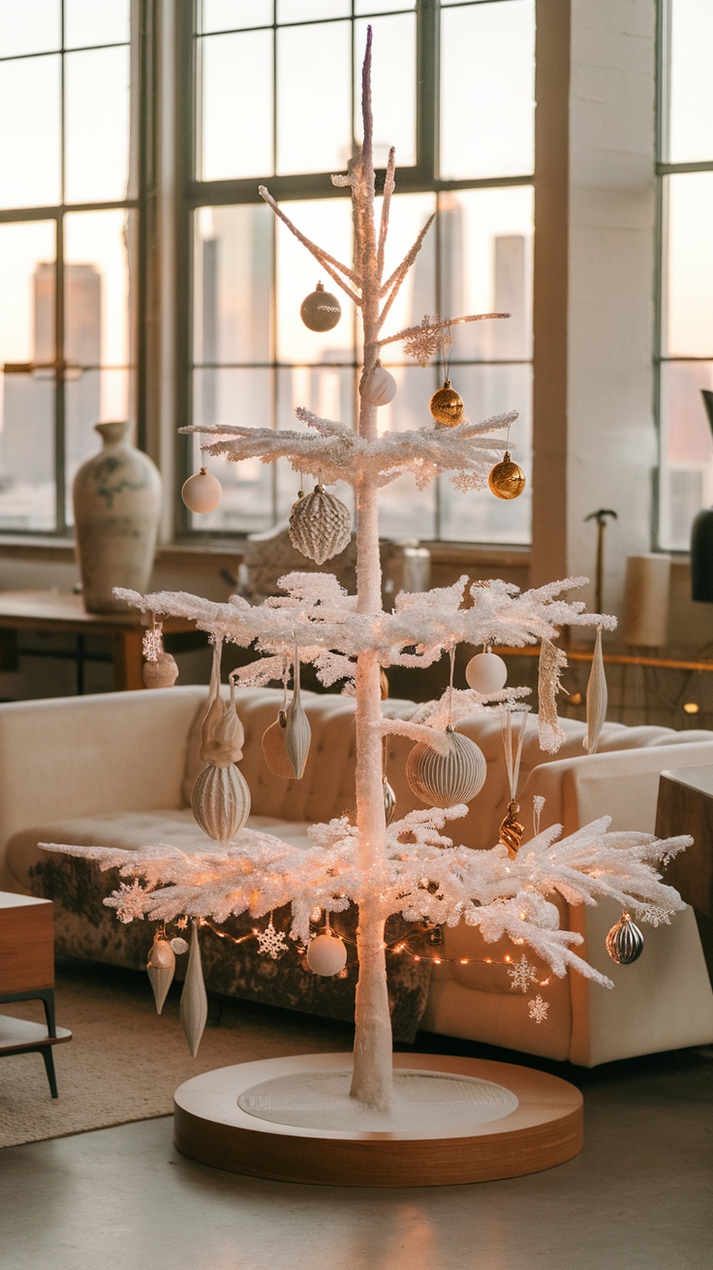 A white Christmas tree decorated with ornaments in a chic urban loft setting