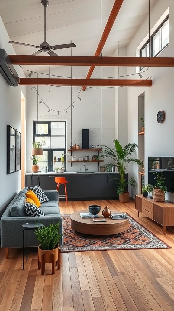 Chic urban loft interior with a cozy sofa, modern kitchen, and vibrant decor.