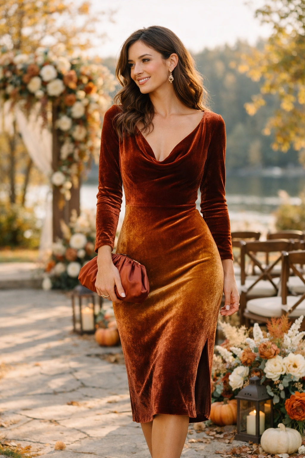 A woman in a chic velvet midi dress with a draped neckline, holding a stylish clutch, standing outdoors amidst autumn decorations.