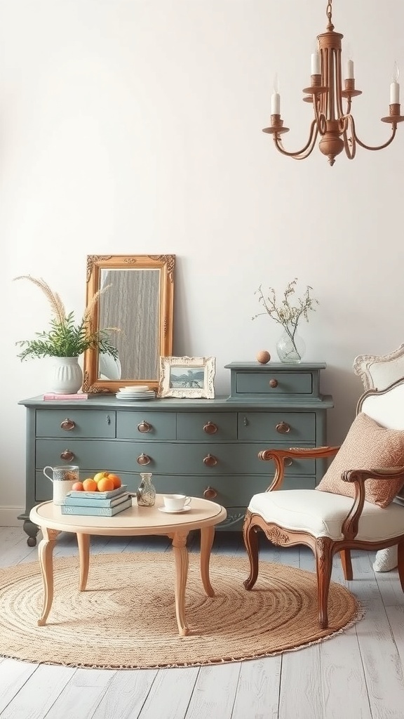A chic vintage bedroom setup featuring a painted dresser, a cozy armchair, a round coffee table, and a woven rug.