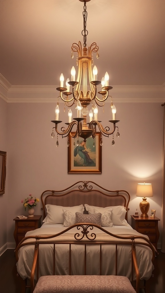 A vintage chandelier hanging in a romantic bedroom setting