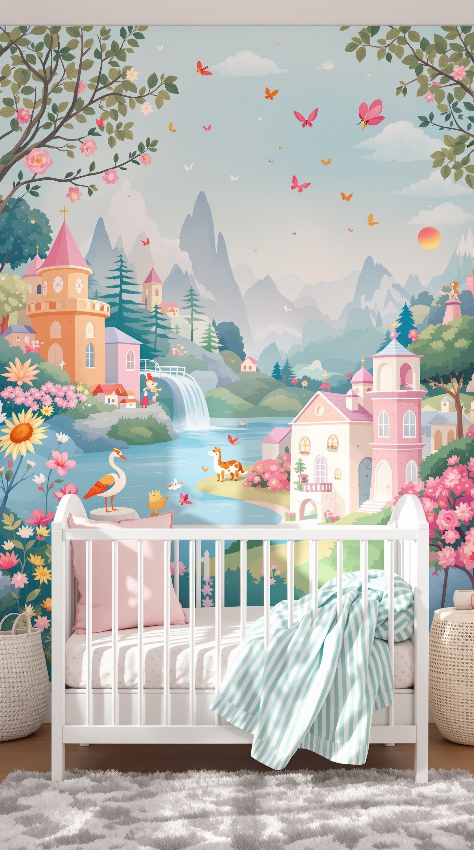 A whimsical wall mural featuring castles, animals, and flowers in a baby girl's bedroom.