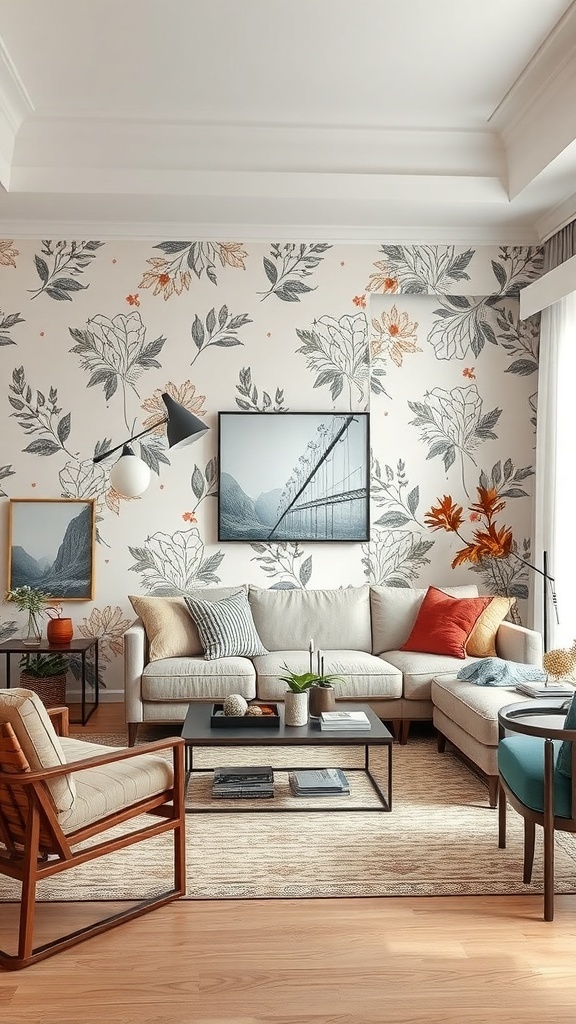 A living room featuring chic floral wallpaper, cozy furniture, and decorative elements.