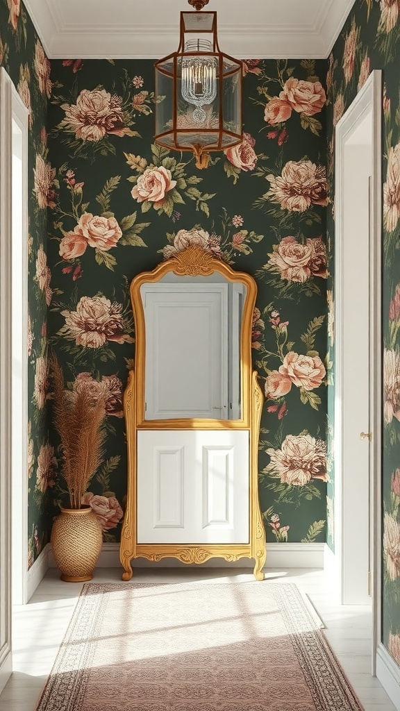 Chic entryway with floral wallpaper, a golden mirror, and a stylish light fixture.
