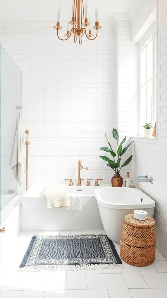 A chic white bathroom featuring a modern bathtub, elegant chandelier, and stylish accessories.