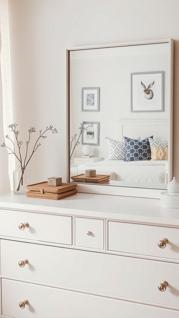 A chic white dresser with gold knobs, a mirror, and decorative items on top.