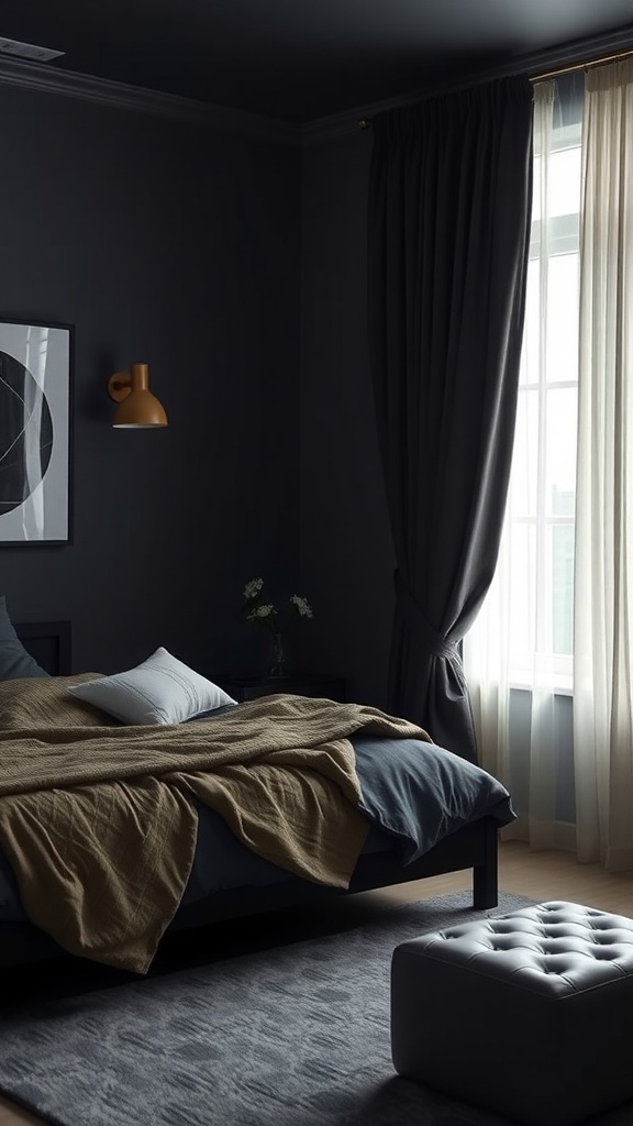 A dark teen bedroom featuring chic window treatments with sheer curtains and dark drapes.