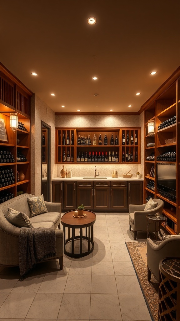 Elegant basement wine cellar with wooden shelves, seating area, and soft lighting.