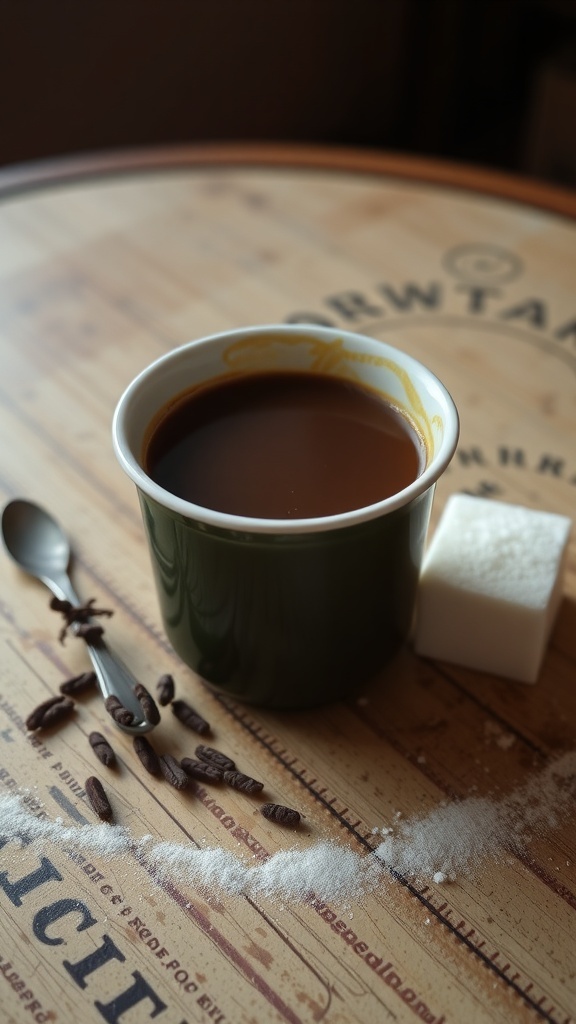 A cup of chicory coffee surrounded by coffee beans and sugar, set on a wooden table.