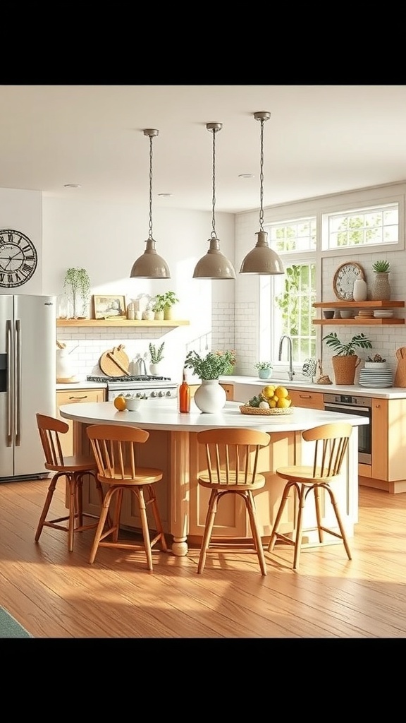 A bright kitchen featuring a spacious island with wooden stools, perfect for family gatherings.