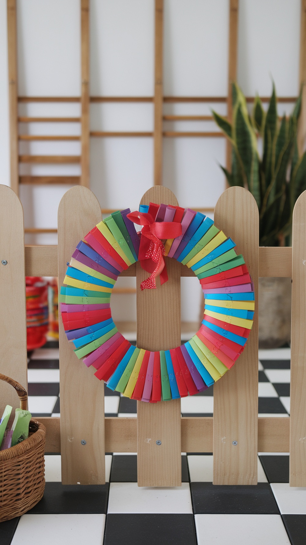 A colorful children's craft wreath made from paper strips, displayed on a wooden fence.