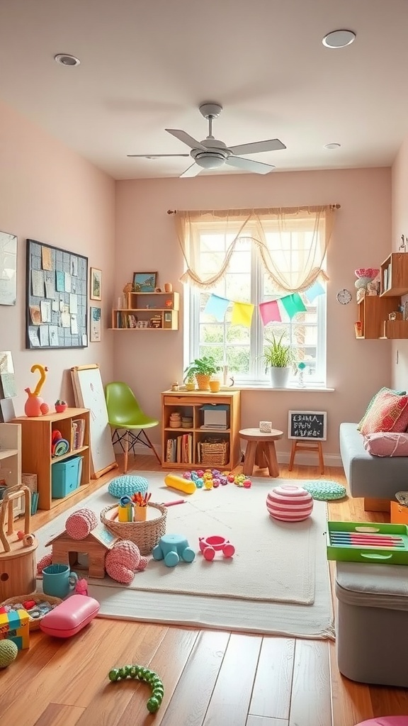 A colorful children's playroom with toys, a cozy sofa, and bright decor.
