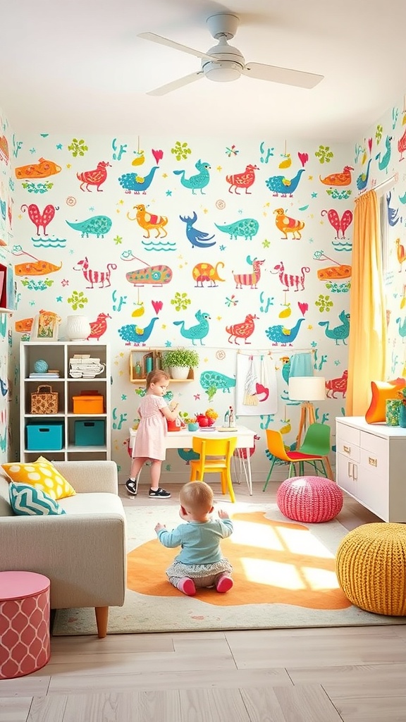A colorful children's room with playful animal-themed wallpaper and two kids playing.