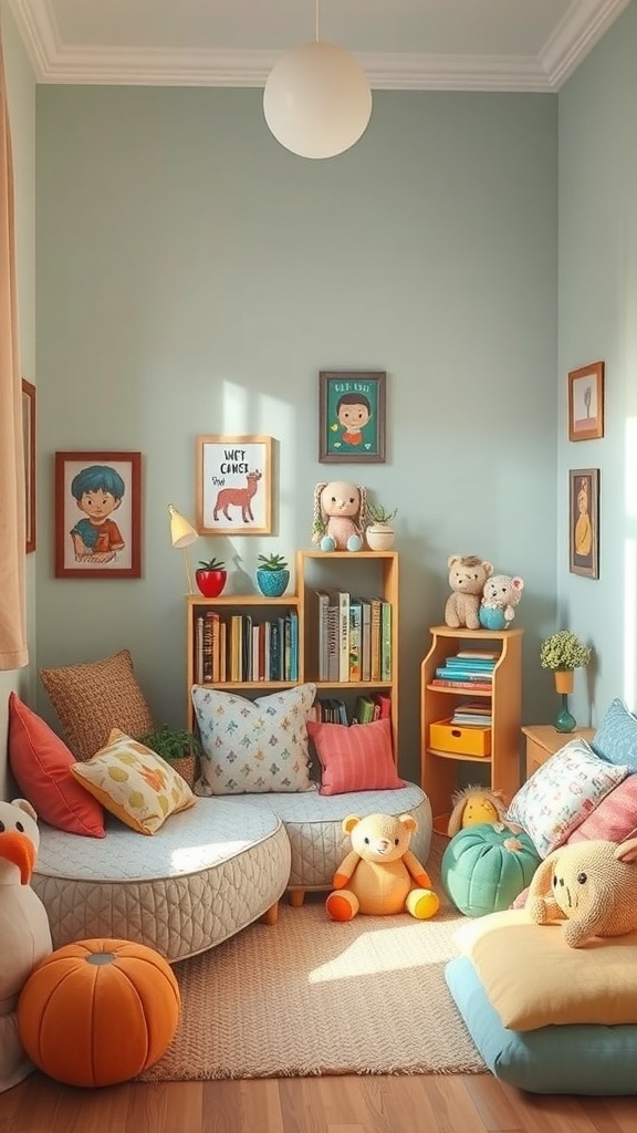 A cozy child's reading nook with colorful cushions, plush toys, and a small bookshelf.