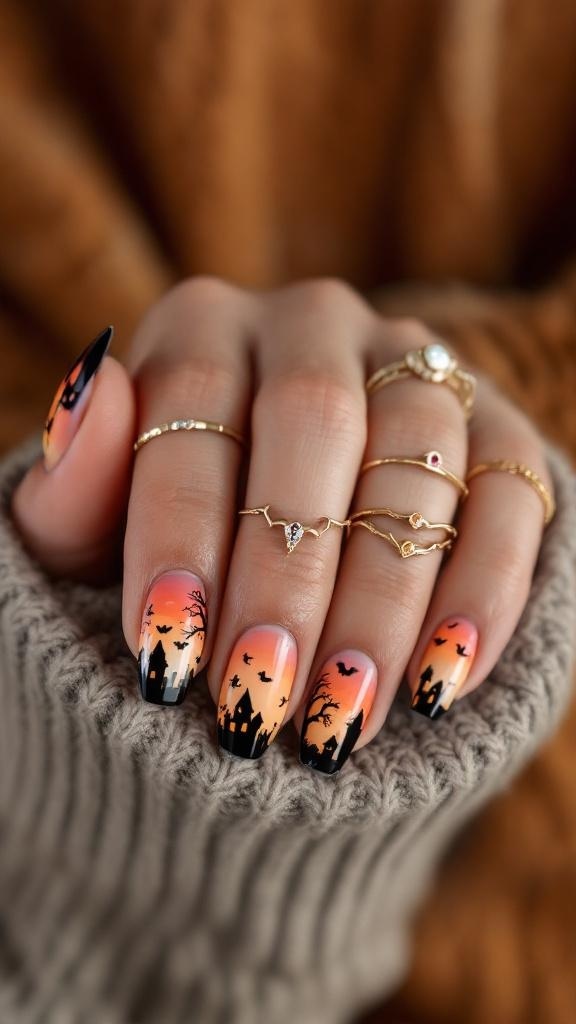 Nails with haunted house silhouettes and a sunset gradient
