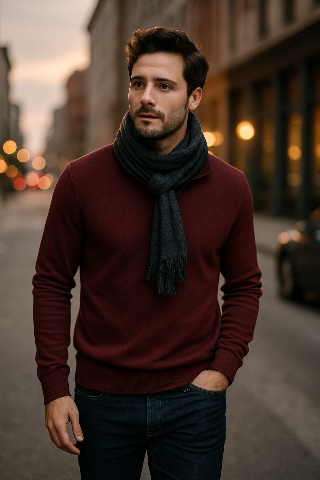 A man wearing a burgundy quarter zip sweater and a dark scarf, walking in a city street during a chilly evening.