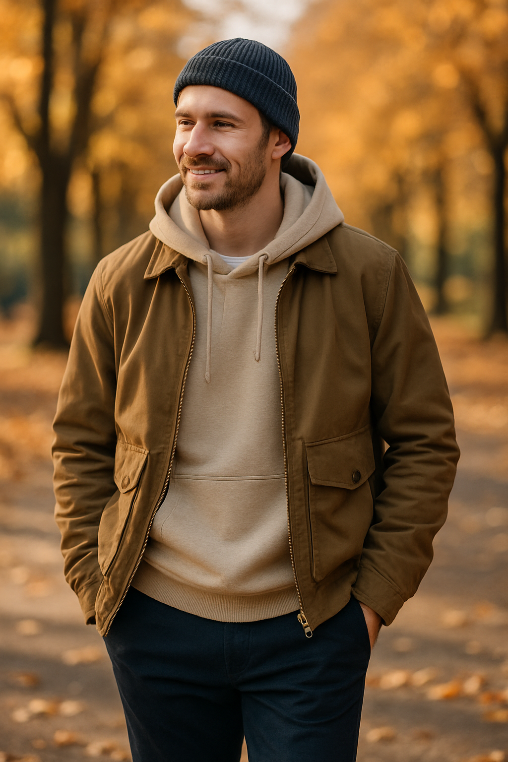 Man wearing a cozy hoodie and jacket during a chilly morning walk