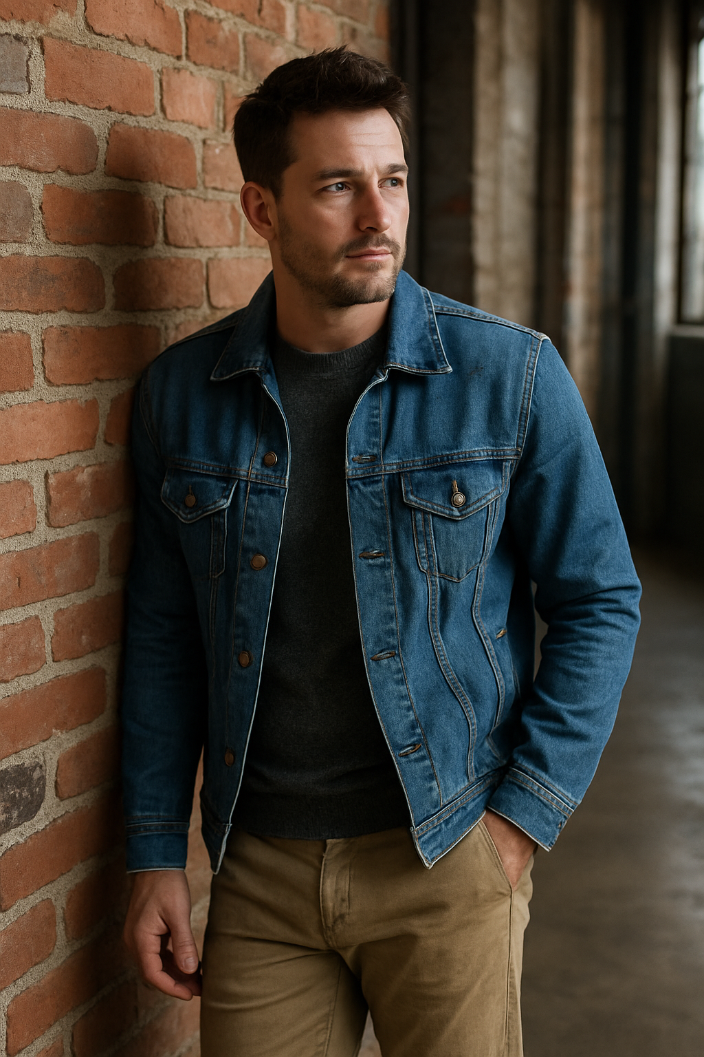 A man wearing a denim jacket over a sweater with chinos, leaning against a brick wall.