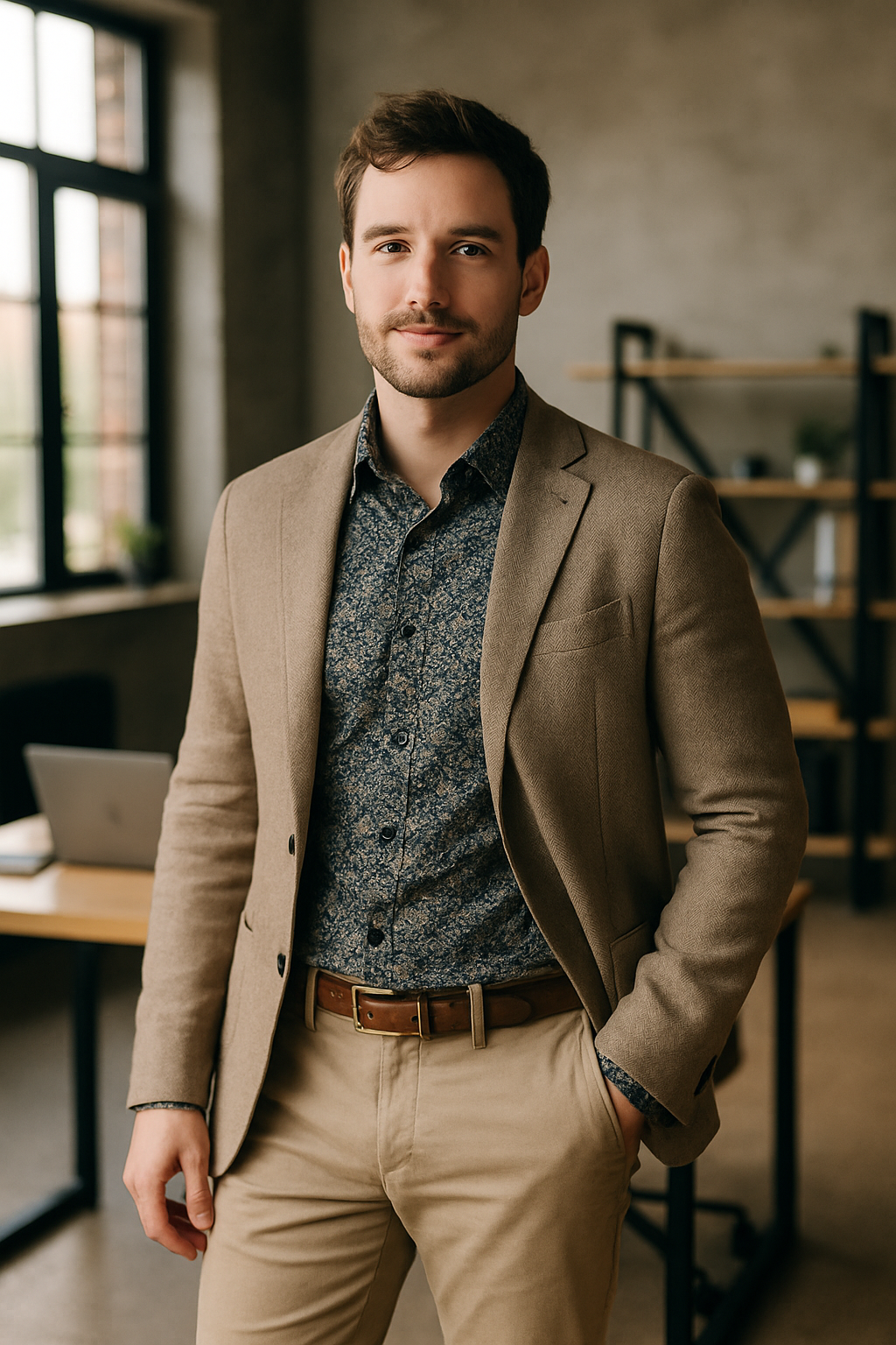 A man in a business casual outfit featuring a blazer, patterned button-down shirt, and chinos.