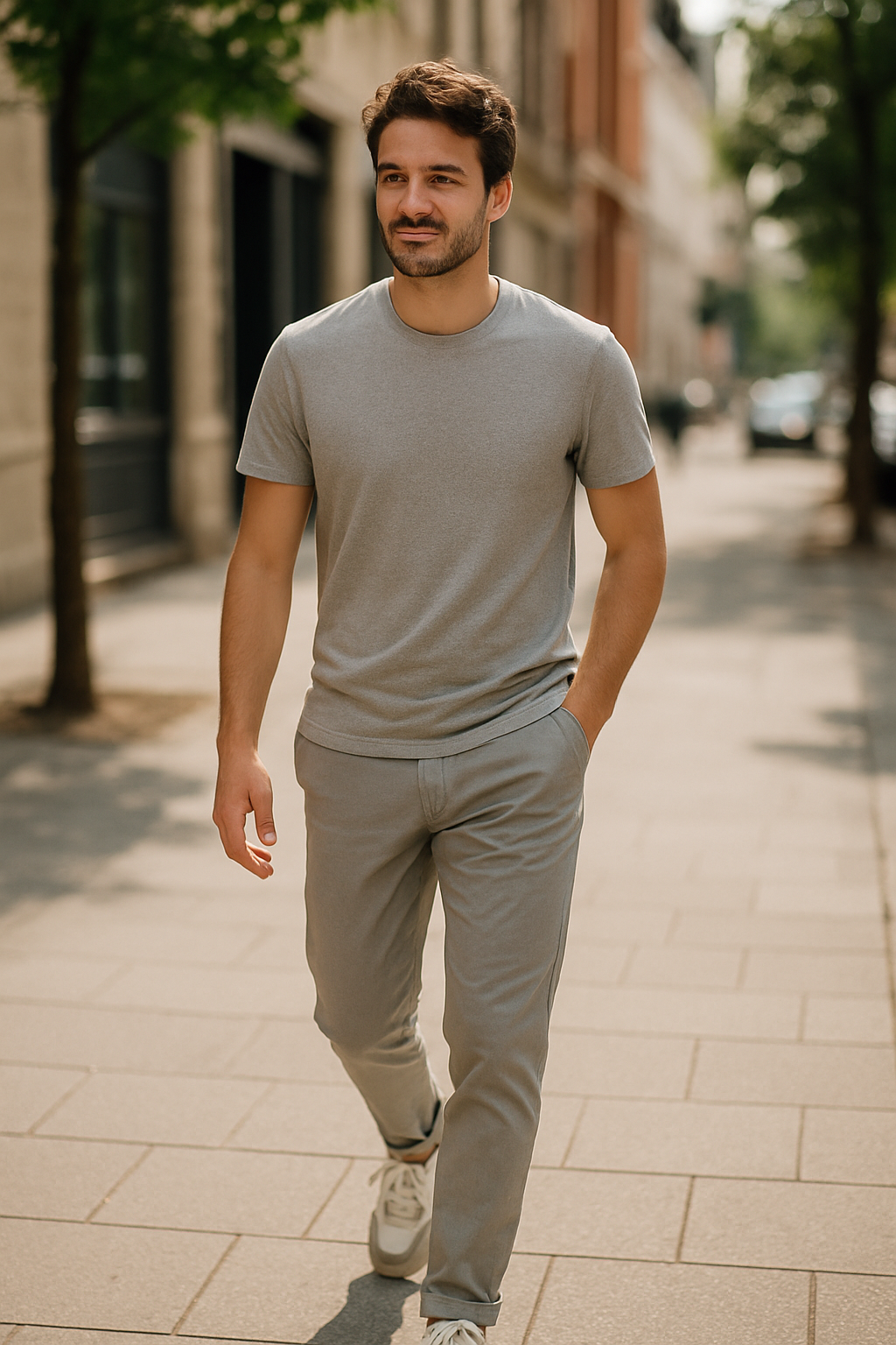A man walking in a gray t-shirt and chinos, wearing sneakers on a city street.