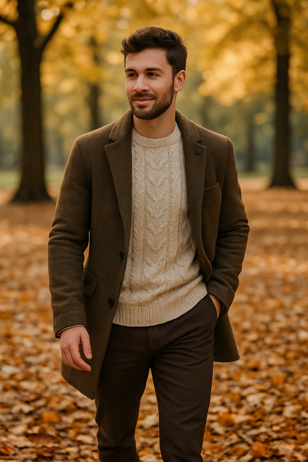 A man in a cable-knit sweater and brown chinos walking in a park with autumn leaves.
