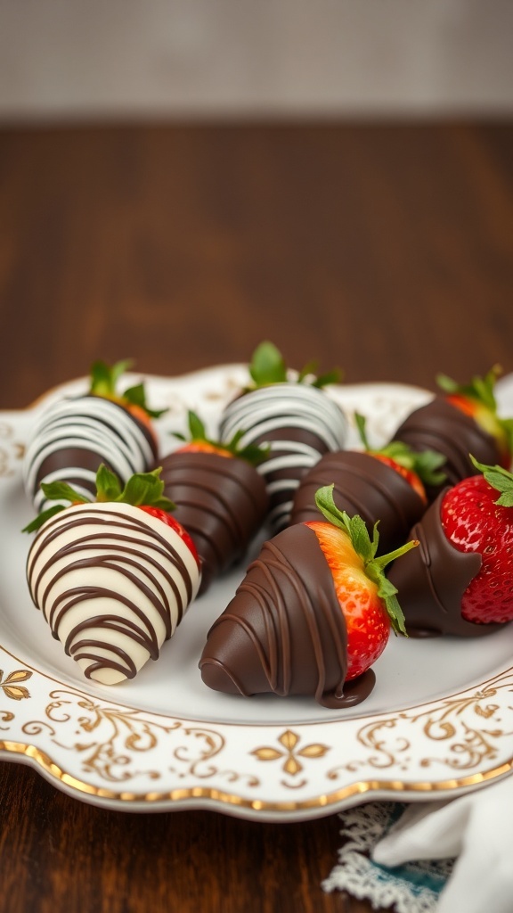 A plate of chocolate-covered strawberries arranged beautifully, showcasing various designs in dark and white chocolate.