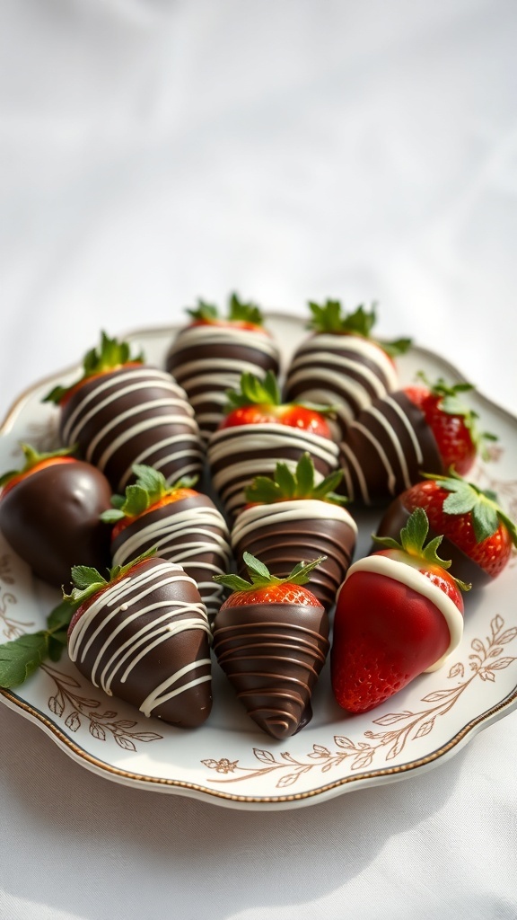 A plate of elegantly decorated chocolate-covered strawberries in various patterns.