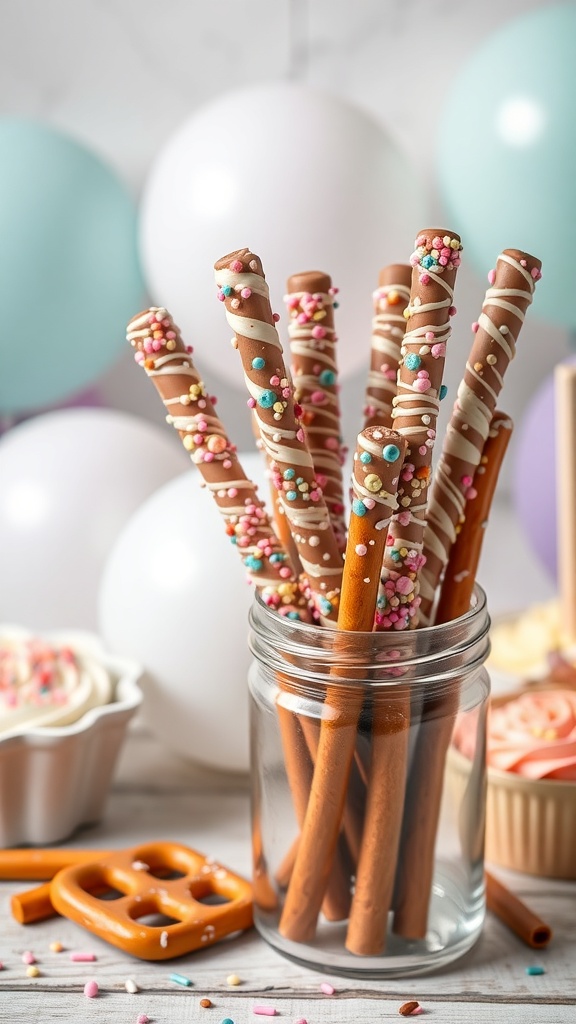 A jar filled with chocolate-dipped pretzel rods decorated with colorful sprinkles, surrounded by pastel balloons.