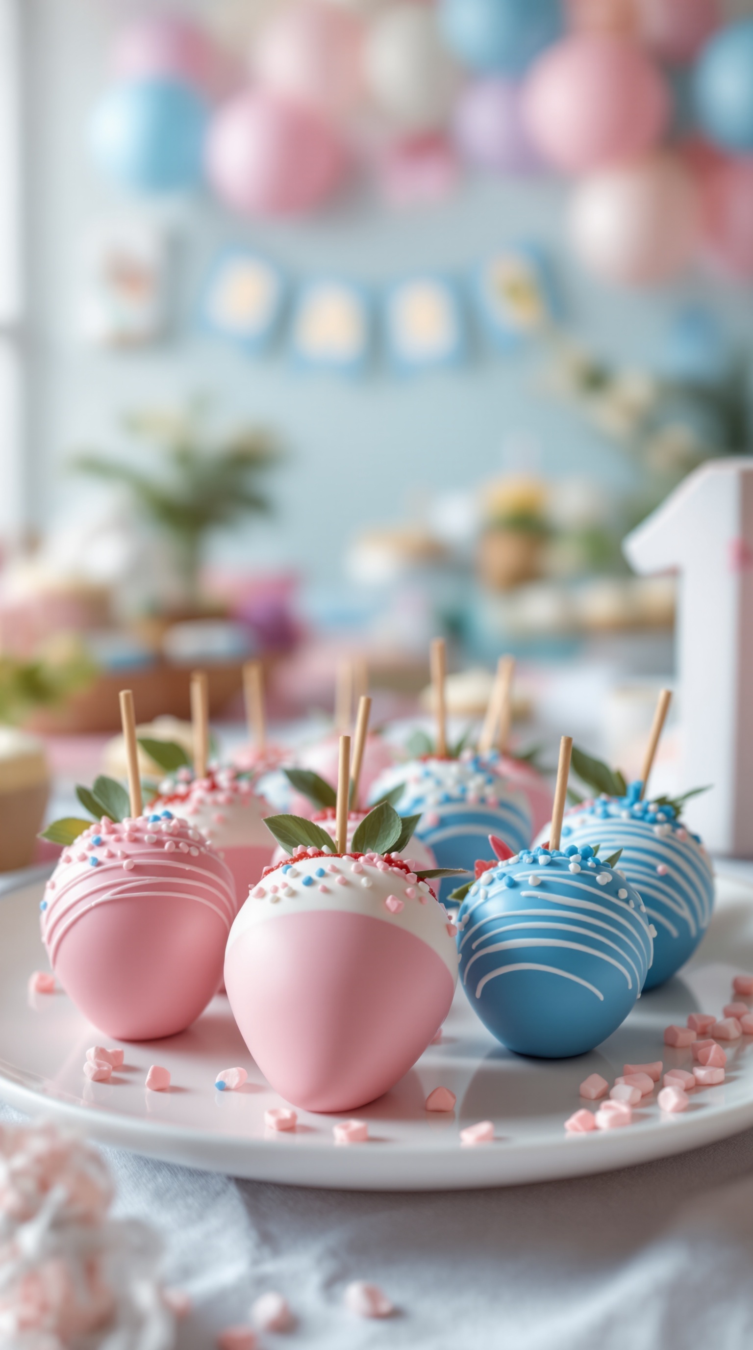 A plate of chocolate-dipped strawberries in pink and blue, decorated with sprinkles, on a dessert table.