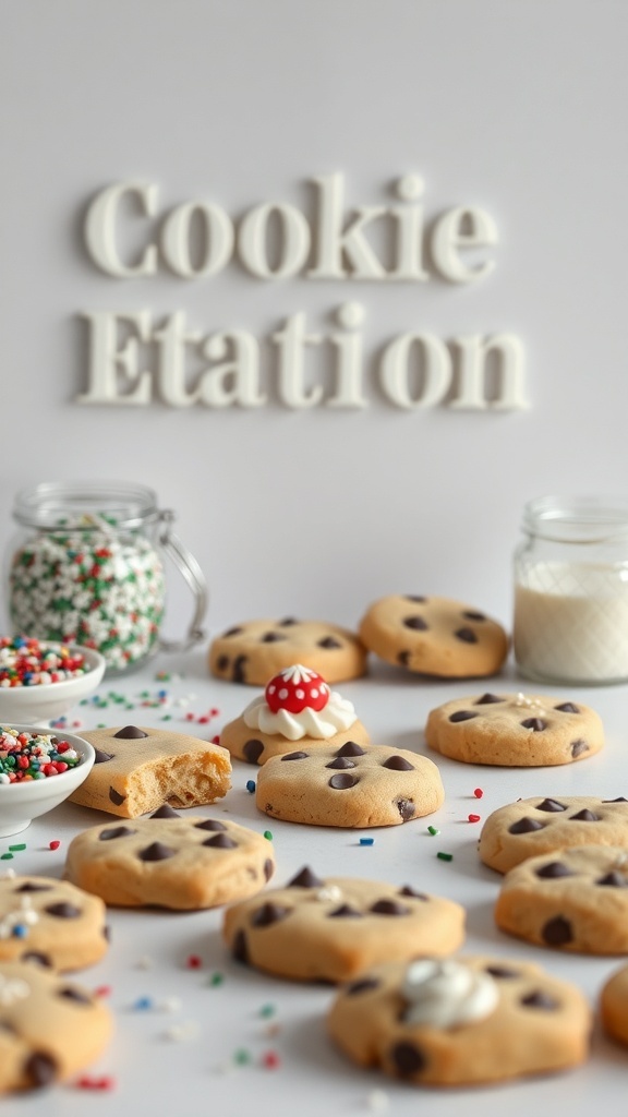 A decorated cookie station with chocolate chip cookies, sprinkles, and frosting