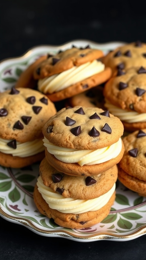 A plate of chocolate chip cookie sandwiches with cream filling and chocolate chip toppings.