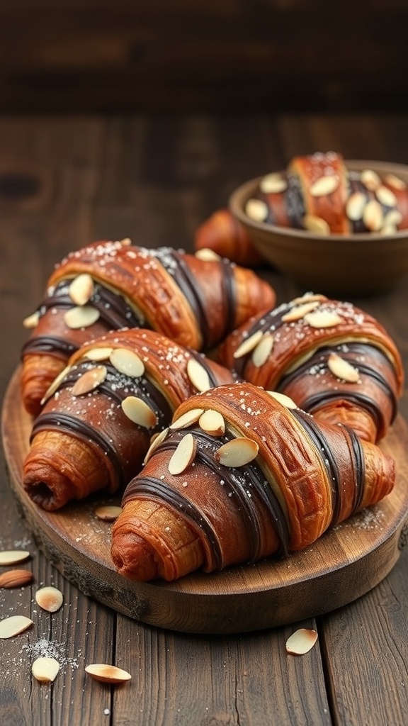 Golden-brown chocolate croissants topped with sliced almonds, served on a wooden platter.