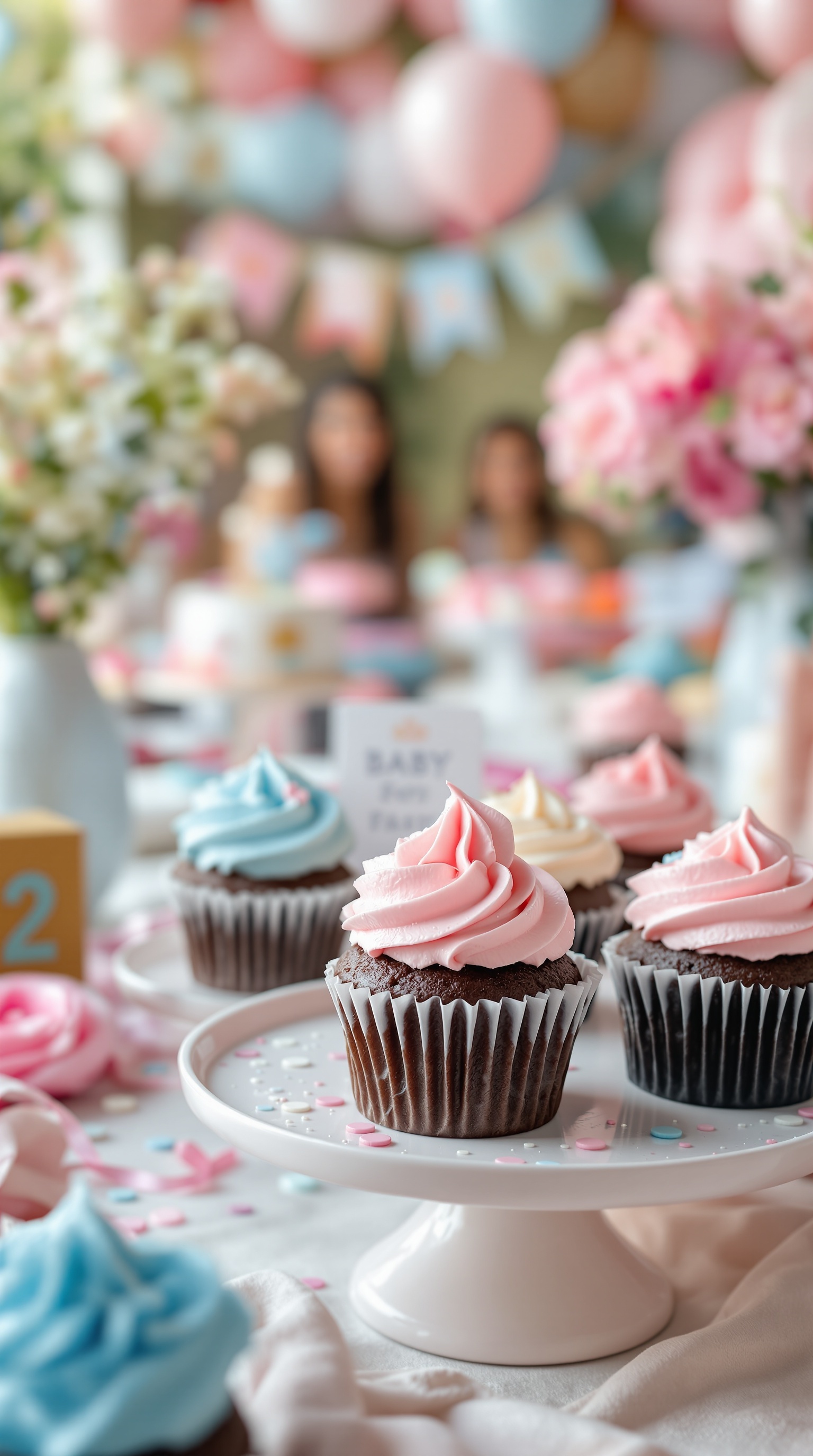 Chocolate cupcakes with pink and blue swirls on a table decorated for a gender reveal party.
