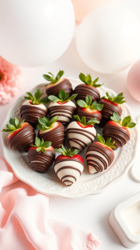 A plate of chocolate dipped strawberries with various designs, perfect for a baby shower.