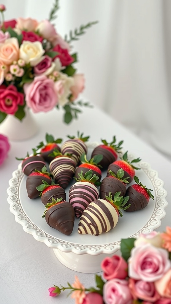 Beautifully arranged chocolate dipped strawberries on a display stand, surrounded by floral arrangements.