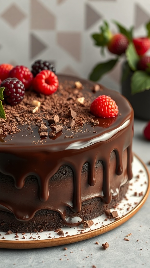 A beautifully decorated chocolate ganache cake topped with berries and chocolate shavings.