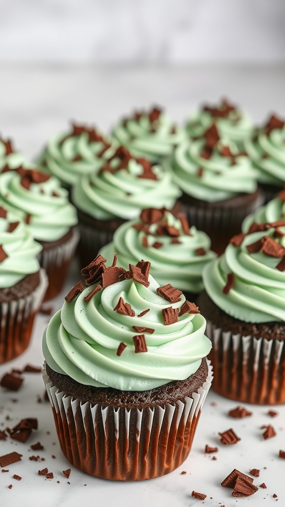 Delicious chocolate mint cupcakes decorated with mint frosting and chocolate shavings.
