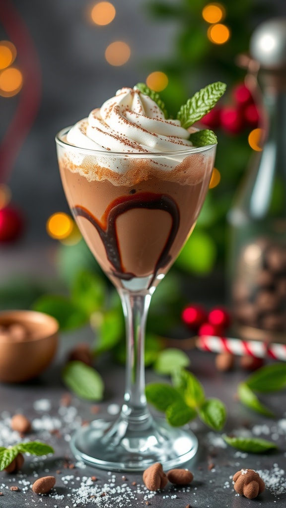 Chocolate mint mocktail in an elegant glass, topped with whipped cream and mint leaves, surrounded by mint and chocolate.