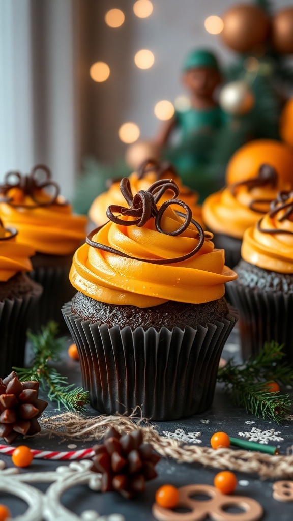 A display of chocolate orange cupcakes with vibrant orange frosting and chocolate curls on top.