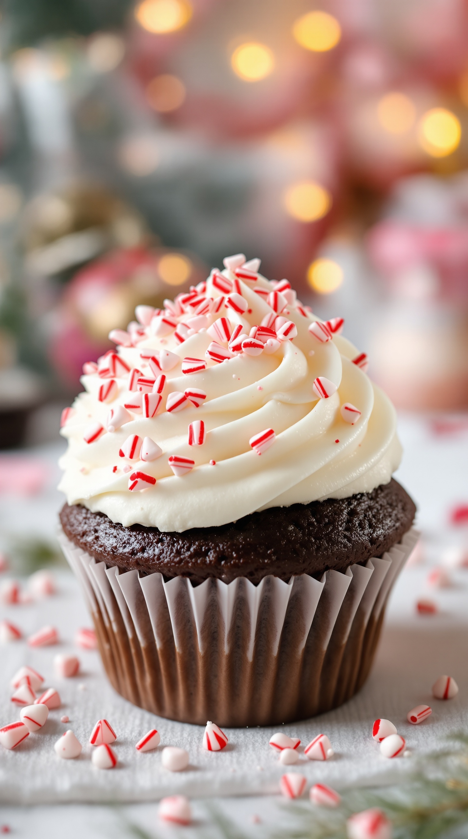 Chocolate cupcake with white frosting and peppermint sprinkles