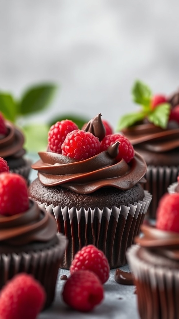 Chocolate cupcakes with chocolate frosting and fresh raspberries on top