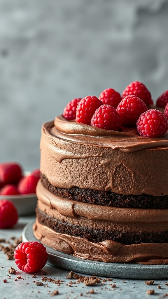A deliciously layered Chocolate Raspberry Mousse Cake topped with fresh raspberries.