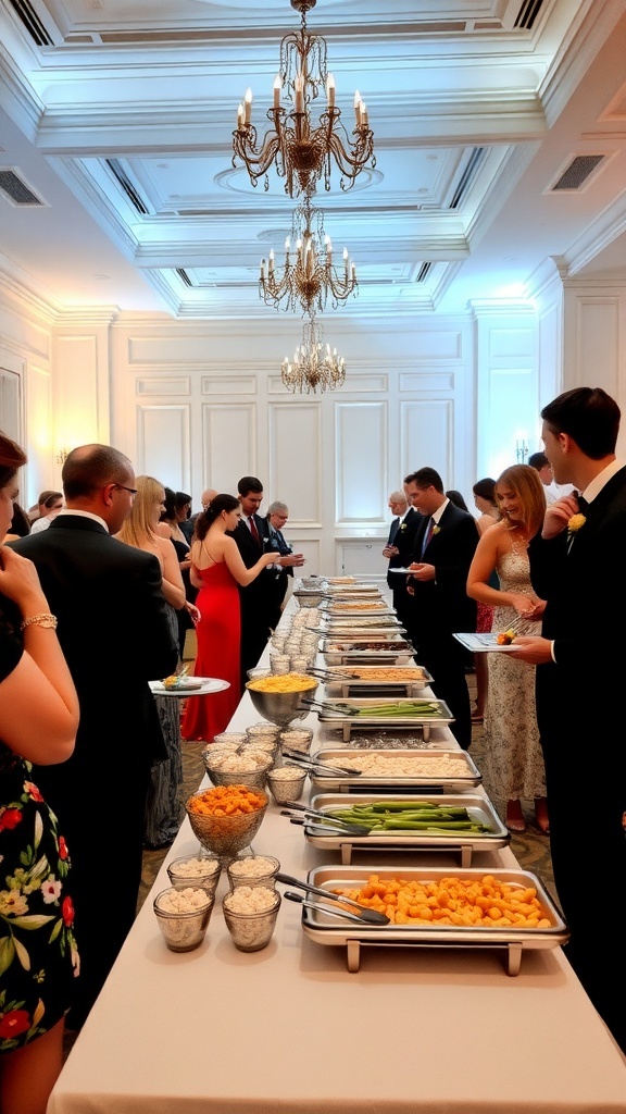 Guests enjoying a buffet-style meal at a wedding reception