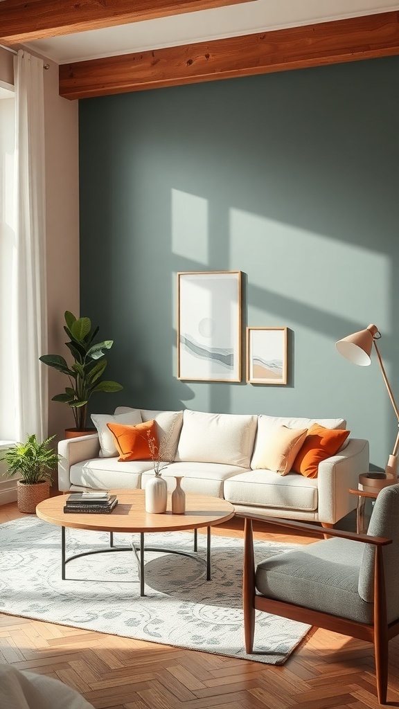 A stylish living room with a blue-green feature wall, light-colored furniture, and orange cushions.