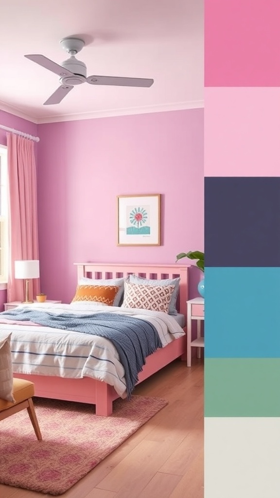 A teen bedroom with pink walls, a pink bed, and a color palette featuring pink, navy, teal, and green.