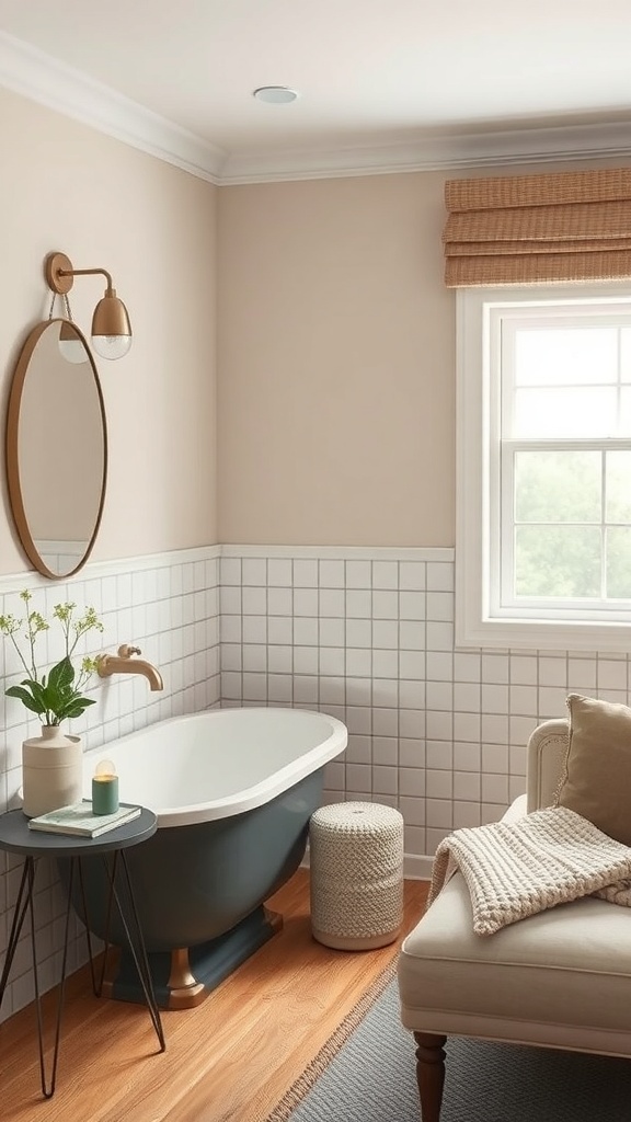 A beautifully remodeled basement bathroom featuring beige walls, white tiles, and a deep blue bathtub.